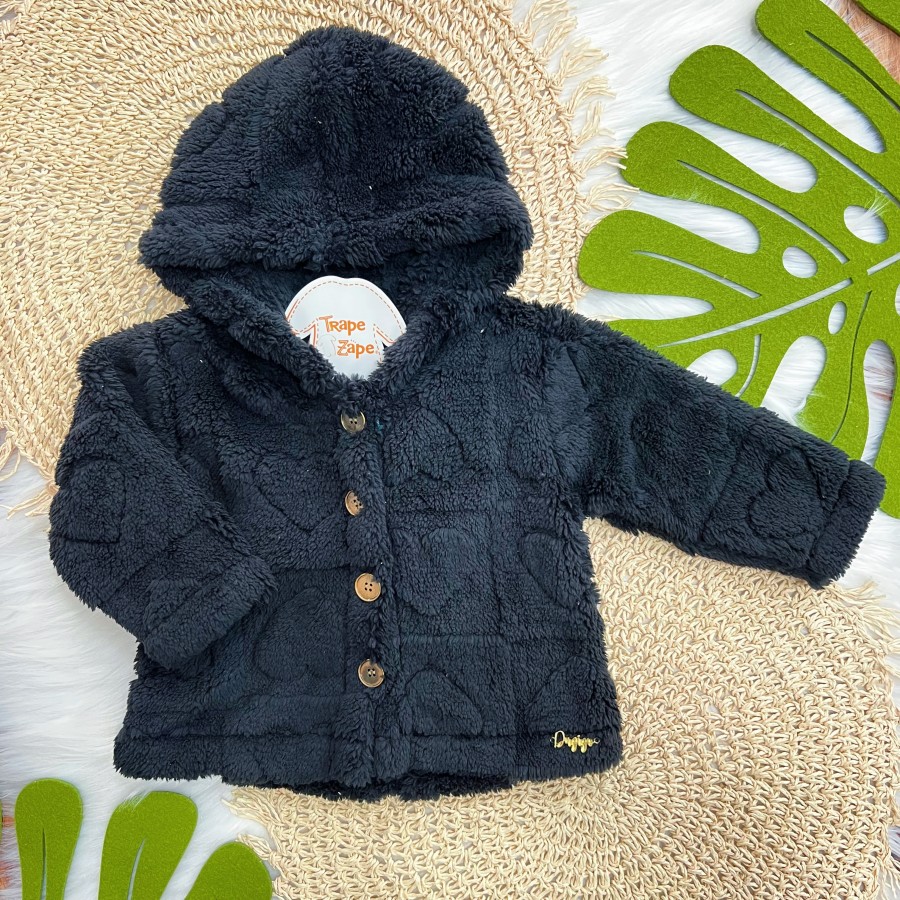 Casaco Avulso de Pelinho Corações com Capuz e Botões - Preto